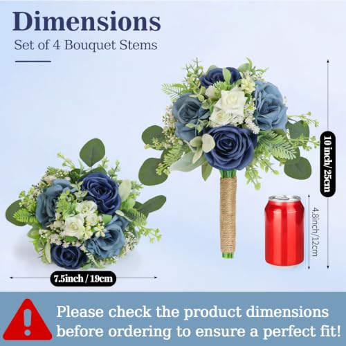 Navy & Blue Bridesmaids Bouquets Set of 4-7 Inch Artificial Flowers Bridesmaid Bouquet for Wedding Pre-Made Rustic Rose Small Floral Bouquets for Bridal Shower Marriage Proposal Party Anniversary - color: Navy & Blue, size: 4pcs