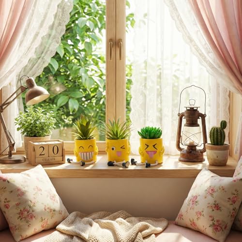 3Pcs Cute Fake Plants Small Potted Succulents with Yellow Pot, Creative Artificial Succulent Plants in Hanging Leg Fun Pot, Mini Vibrant Faux Plant for Home Office Desk Decor and Gift Choice - color: 3set-yellow