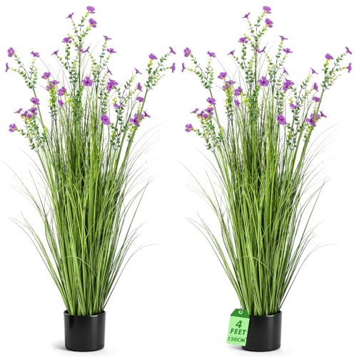 Jexine 2 Pack 4ft/47inch Artificial Grass Plant Outdoor Artificial Greenery Grass in Pot with Fake Purple Flowers for Spring Room Office Indoor Outdoor Decor Housewarming Gifts - color: Purple Fuchsia, size: 4ft
