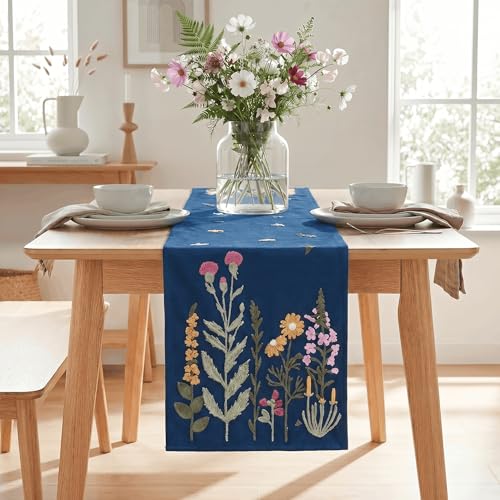 Artoid Mode Dark Blue Soft Chain Embroidery Wild Floral Spring Table Runner, Seasonal Winter Kitchen Dining Table Decoration for Home Party Decor 13x72 Inch - color: Dark Blue, size: 13" x 72", Table Runner