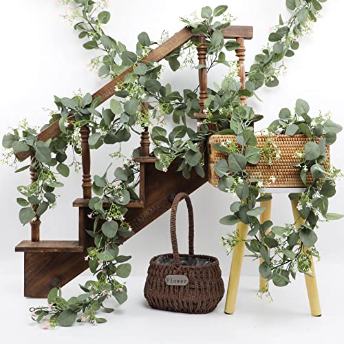 Gypsophila Artificial Eucalyptus Garland 2 Pack, 5.8Ft Faux Baby Breath Flowers Vine, Real Touch Hanging Flower Decor for Wedding Arch Party (White)