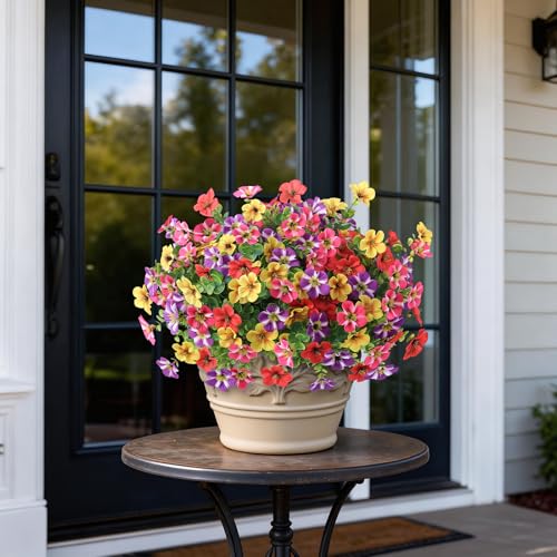 2 Set of Artificial Morning Glory & Eucalyptus Topiary Trees - Faux Silk Flower Potted Plants, UV-Resistant Fake Outdoor Morning Glory Bushes for Front Door, Farmhouse, Garden Decor (Mixed Color) - color: Mixed Color