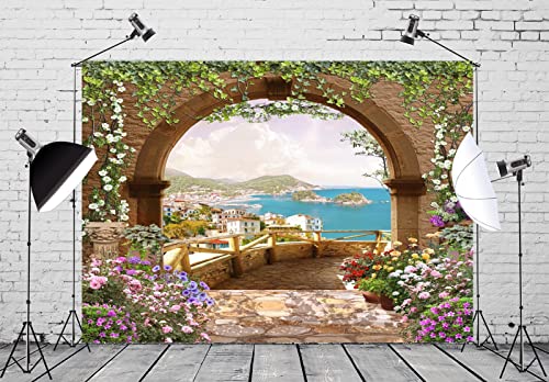 BELECO 8x6ft Fabric Mediterranean Garden Terrace Backdrop Romantic Arch Gate with Green Leaves Vine Blooming Flowers Italian Coast Background Birthday Wedding Party Shoot Studio Photo Props - size: 8x6FT