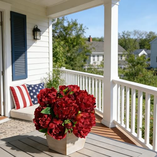 Artificial Hydrangea Flowers Arrangement in Wood Planter, 4PCS Fake Flowers in Wooden Vase Potted Floral Centerpieces for Tables Living Room Home Office Kitchen Decor (Red Peony) - color: Red Peony