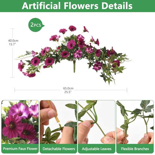 Artificial Fake Flowers Hanging Plants for Outdoor Spring Summer Decoration, 2Pcs Faux Petunias Realistic Silk Flower UV Resistant No Fade for Home Outside Garden Balcony Yard Porch Indoor (Fuchsia) - color: Fuchsia