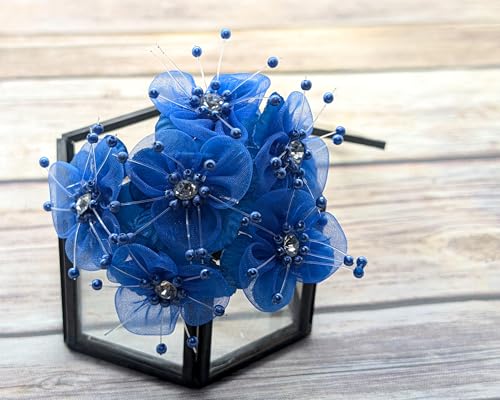72PC Artificial Organza Flower Rhinestone Pick for Home Craft Decor DIY Wedding Bridal Veil Headband Dress Cake Topper Embellishment Scrapbook Favor Corsage Floral Bouquet Arrangement (Royal Blue) - color: Royal Blue