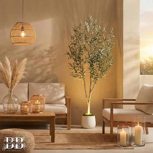 6ft (180 cm) Artificial Olive Tree with White Pot, Moss & USB LED – 943 Leaves, 52 Olives, Lifelike Fake Indoor Potted Plant for Home, Living Room, Office & Bedroom Decor - size: 6ft