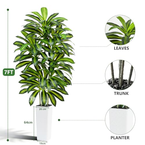 Artificial Dracaena Tree - 7FT Tall Fake Plants with White Tall Planter - Artificial Plants Indoor Floor Plant in Pot - Large Tropical Fake Yucca Potted Tree for Home Office Living Room Decor - color: White, size: 7 FT