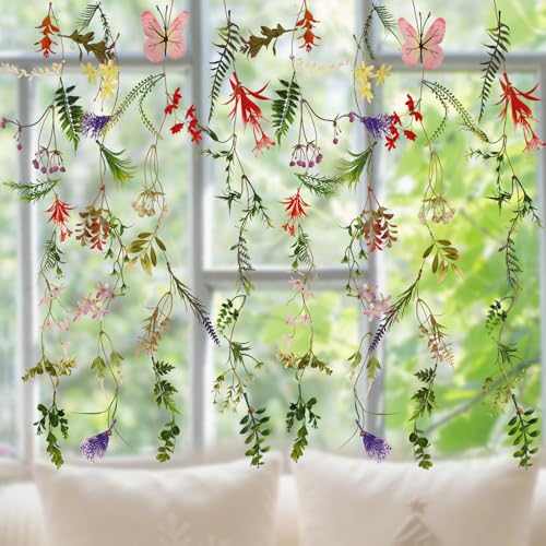 4 Pcs Artificial Wildflower Garland 9.3 ft Garden Vine Decorations Spring Hanging Flower Decoration with 10 Hooks Fake Wildflower Backdrop for Classroom Windows Wedding Party Home Outdoor
