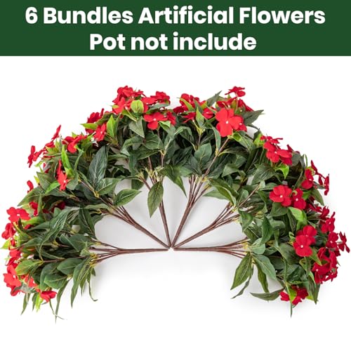 Nigirior Artificial Fake Flowers for Outdoor Décor 6 Bundles UV Resistant Fake Plants for Planter Faux Impatiens for Home Porch/Garden Stunning（Red） - color: Red