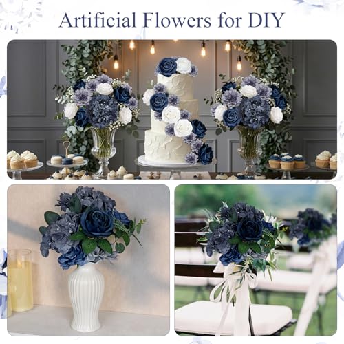 Artificial Flowers Combo Box, Navy Blue DIY Fake Silk Flowers Set Decor with Stems for Roses Graduation Party Centerpieces Bridal Bouquets Cake Decorations Arrangements Indoor Outdoor - color: Navy Blue