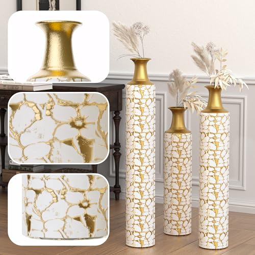Floor Vases, Tall Home Decor Metal Vase Set of 3 Large Glazed Decorative Vases for Wedding Decor, Elegant Modern Flower Holder for Living Room, Entryway, Hallway - color: Pebble Ivory Gold