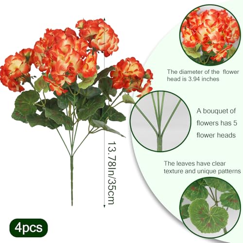 CISDUEO 4 Pcs Artificial Geranium Flowers for Outdoors Silk Flowers Outside Orange Flowers Bush Faux Geraniums for Planters Outdoor Decor Indoor Garden Patio Grave Cemetary Table Centerpiece - color: Orange