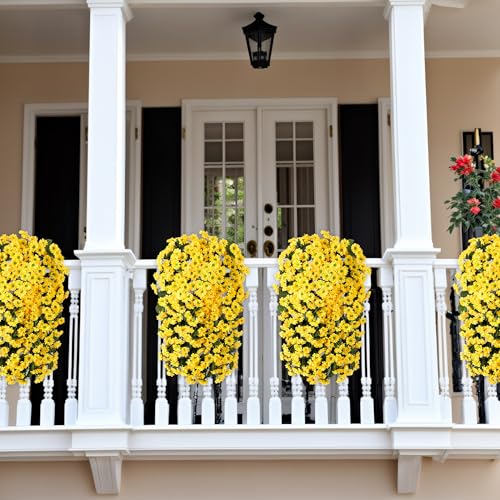 Artificial Fall Hanging Flowers Plants for Decoration 2 PCS Silk Fake Faux Mums for Outdoor Planters Long Vines Stems Bouquet Daisy UV Resistant for Wall Home Porch Patio Balcony Front Door Décor - color: B-yellow