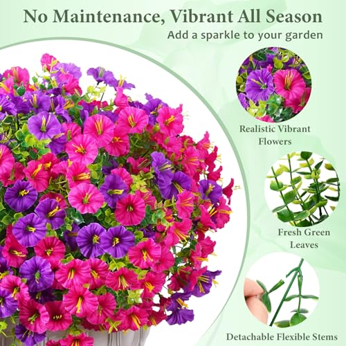 MARTINE MALL 12 Bundles Look Real Artificial Flowers for Outdoors, Realistic Fake Outdoor Flowers, UV Resistant Silk Petunia Flowers for Outside Faux Flowers Plants for Outdoor Porch, Purple+Fuchsia - color: Purple and Fuchsia, size: 12 Bundles