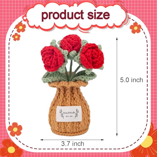 Rose Crochet Flower Plant, Small Cute Handmade Knitted Flowers with Vase, Small Crochet Potted Artificial Flower Plants for Desk Home Car Dashboard Office Decorations (Rose-Red) - color: Rose-red