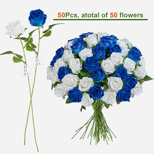 Artificial Flowers Roses Touch Fake Rose Bouquet Flower Stem For Wedding Centerpieces Diy Wreath Home Decorations Silk Roses Mothers Party Fake Outdoor Flowers Decor 19.6"(White & Blue 50PCS) - color: White Blue 50pcs