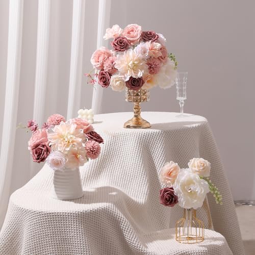 Garisey Artificial Flowers Combo, Mix Silk Flowers Roses, Peonies, Dahlias with Stems for DIY Wedding Bridal Bouquets, Baby Shower, Table Centerpieces, Home Decor, Fake Floral Arrangements-Blush Pink - color: Blush Pink&champagne Powder