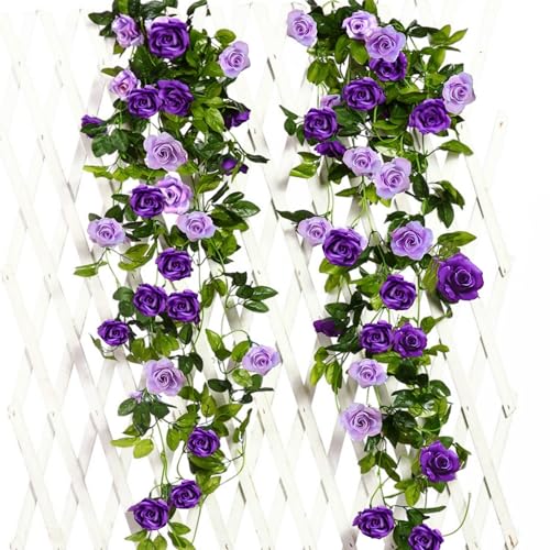 JUSTOYOU 2 Pack (15.8FT) Fake Rose Garland, Artificial Roses Vines Flower Garland Hanging Floral Vine Wedding Home Backdrop Party Arch Arrangement Decoration - color: Purple