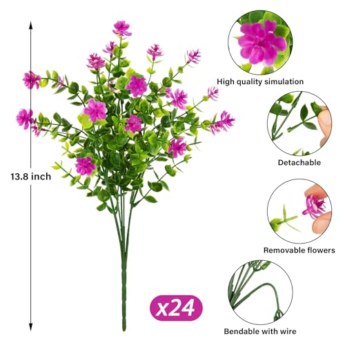 Ouddy Decor 24 Bundles Artificial Flowers for Outdoors Decoration Fake Flowers UV Resistant Faux Plastic Greenery Eucalyptus Plants for Spring Summer Garden Patio Indoor Outdoor Home Decor, Fuchsia - color: Fuchsia