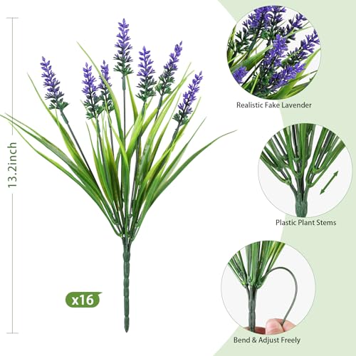16 Bundles Artificial Plants Outdoor, UV Resistant Fake Lavender & Monkey Grass, Realistic Plastic Faux Plants for Balcony, Patio, Porch Greenery Decor, Planter Filler(Purple) - color: Purple, size: 16PCS
