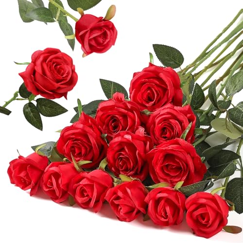 Hawesome 12PCS Artificial Silk Flowers Realistic Roses Bouquet Long Stem for Home Wedding Decoration Party (Red, 6 Flowers 6 Buds) - color: Red, size: 6 Flowers 6 Buds
