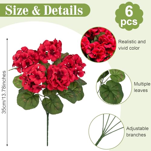 Roberly 6 Pcs Artificial Flowers for Outdoors, Red Fake Geranium Flowers UV Resistant Realistic Silk Faux Plants for Spring Summer Front Door Yard Window Box Indoor Home Decor - color: Red