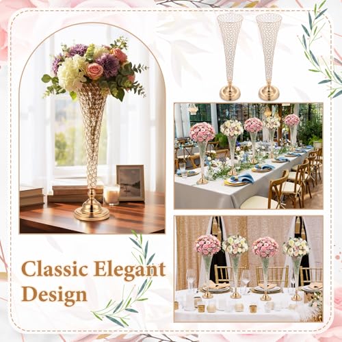 LemonRoad 2 Pcs 32 Inch Tall Gold Crystal Trumpet Vase for Centerpiece Wedding Extra Large Crystal Beaded Flower Vase with Metal Base for Table Floor Party Anniversary Birthday Banquet Celebration