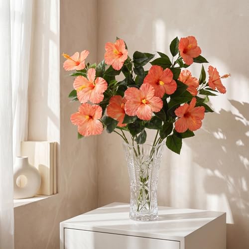 Hotop 3 Pack Artificial Hibiscus Flowers 33"x13" Silk & Plastic Tropical Bouquets Lifelike Blooms with Bendable Stems Faux Hawaiian Flowers for Home Living Room Wedding Patio (Orange) - color: Orange