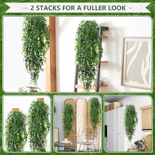 2-Pack Fake Hanging Plants, Faux Hanging Plant Artificial Greenery for Living Room Bedroom Boho Wall Shelf Indoor Outdoor Decor (Green Eucalyptus) - color: Green Eucalyptus