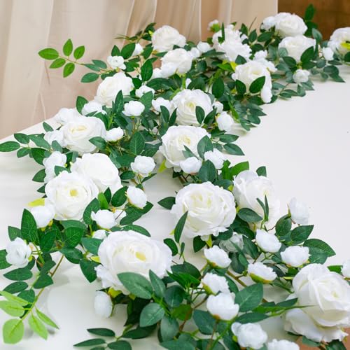 2 PCS 12FT Bendable Flower Garland, Artificial Rose Vine Hanging Floral Garland Decoration for Weding Home Room Wall Decor (White, 2pcs) - color: White, size: 2pcs