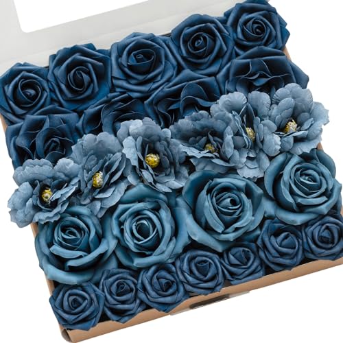 Ling's moment Artificial Flowers Fake Silk Poppy Faux Foam Roses Combo for DIY Wedding Bouquets Centerpieces Arrangements Bridal Shower Party Home Decorations, Nautical Navy, 25pcs - color: Blu-nautical Navy