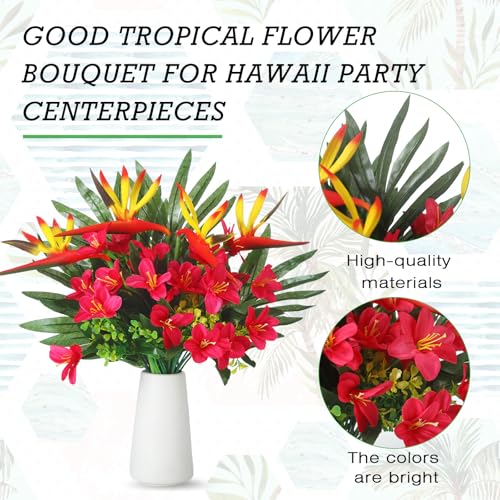 Hotop 4 Set/ 16 Pcs Artificial Tropical Flower Bouquets Bulk for Hawaii Centerpieces Bird of Paradise Lily Bouquet Permanent Flower Tropical Plant Party Office Home Decor (Rose Red) - color: Rose Red