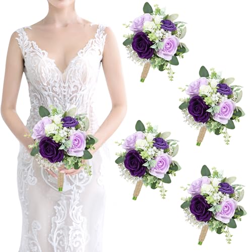 Bridesmaids Bouquets Flowers Set of 4 - Artificial Bridesmaid Bouquet Wedding 7 Inch Rustic Small Floral Centerpiece for Marriage Proposal Party Anniversary Dining Table Decor - Green & Purple - color: Purple, size: 4pcs