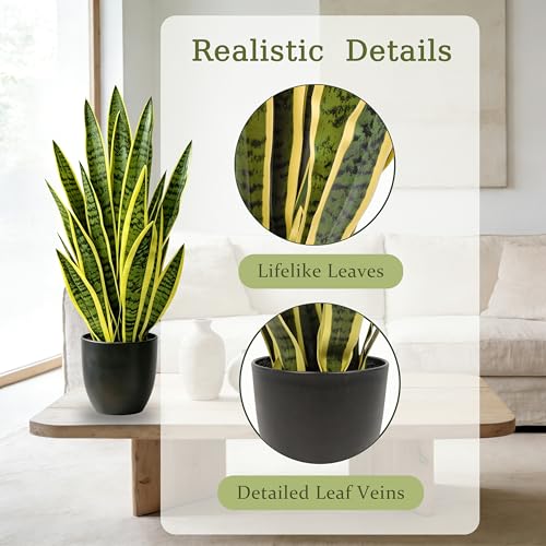 Fake Snake Plant, 27" Fake Potted Plants with Black Pot Realistic Artificial for Home Decor, Low Maintenance No Watering Needed Faux Plants for Desk Corner Office & Pet Areas(yellow-27in) - color: Yellow-27in