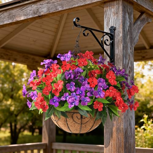 Artificial Impatiens Flowers for Outdoors, 6 Bundles Silk Fake Flowers for Spring Summer Decoration, UV Resistant Faux Plants Plastic Bouquet for Home Planter Porch Patio Yard Decor(Red Purple) - color: Red,purple