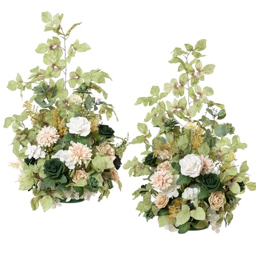 Ling's moment 41" Tall Free Standing Artificial Flowers Arrangements 2 pcs Wedding Arch Altar Stage Decorations Emerald & Tawny Beige Ceremony Reception Rose Fake Floral Party Centerpieces Decor - color: Grn-emerald & Tawny Beige