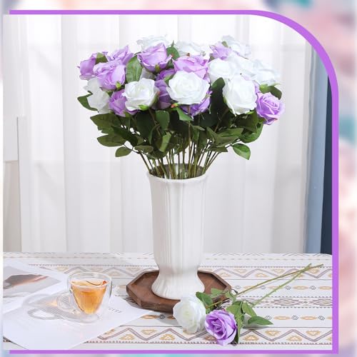 36 Pcs Silk Purple White Rose Bouquet Bridal Artificial Flowers,Fake Rose Long Stem Realistic Flowers Bulk for Wedding Bouquet Ball Arrangement Centerpiece Party Decor - color: Purple, White
