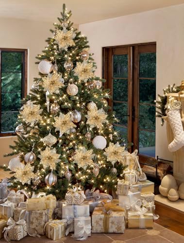 Briful 6PCS Poinsettias Christmas Tree Flowers 9.8'' Artificial Christmas Floral Picks and Sprays Large Gold Silk Flowers with Stems for Xmas Home Vase Table Centerpiece Garland Decor - color: Gold