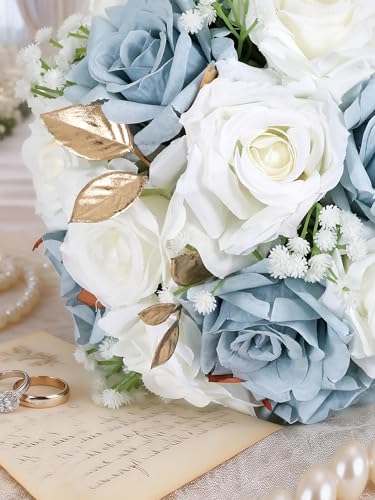 Wedding Bouquets for Bride & Bridesmaid, 9 Inch Artificial Rose Bridal Bouquet, Ivory White & Blue Silk Flowers for Wedding Ceremony, Church, Party Decoration (White Blue) - color: White Blue