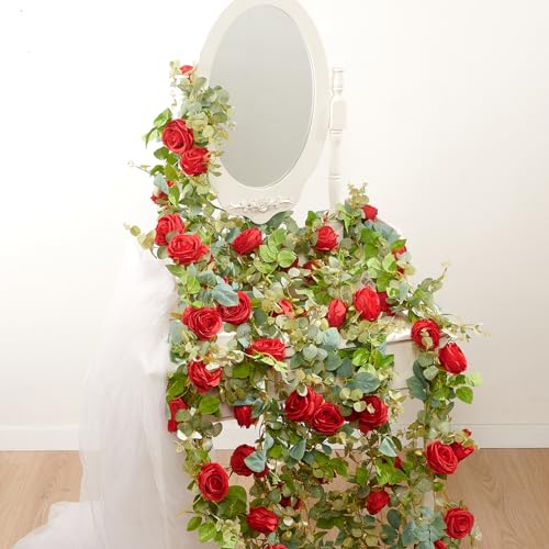 PONKING Flower Garland Artificial Rose Vine Flowers Hanging Fake Roses Vines for Wedding Birthday Party Valentines Christmas Room Wall Arch Decor, 2 Red Floral Garland Decorations, High Realistic - color: High Realistic Flower Red Vines 5.4ft
