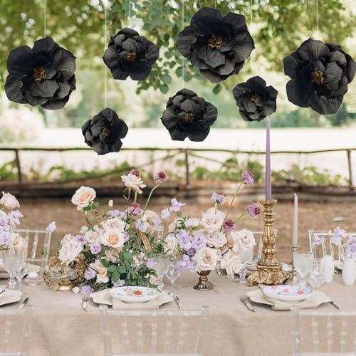 BRT Bearingshui Black Paper Flowers Decoration for Wall Total 9 Pcs, Artificial Flowers for Wedding Decor,Flower Backdrop Decor, Baby Bridal Shower Birthday Party, Black 3D Wall Flowers Decor - color: Black