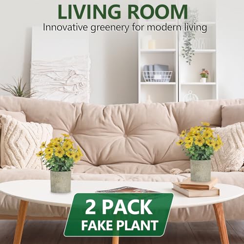 2 Pack Small Fake Plants Potted Artificial Plants Artificial Flowers Potted Faux Flower Daisy with Eucalyptus Leaves for Home Decor Office Room Farmhouse Indoor Table Bathroom Decor（Yellow） - color: Yellow