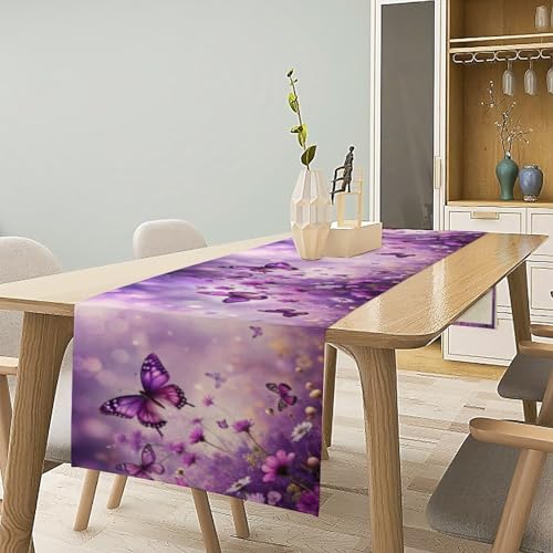 Flowers Butterfly Spring Table Runner, Purple Floral Seasonal Kitchen Dining Table Decoration for Home Party Decor 13x36 Inch - color: Butterfly_3, size: 13x36inch