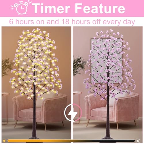 7FT Lighted Cherry Blossom Tree - Faux Artificial Light Up Pink Tree with 144 Lights, 432 Lush Flowers, Timer, Remote 8 Modes Cherry Blossom Tree for Spring Wedding Valentines Indoor Outdoor Decor - size: 7ft