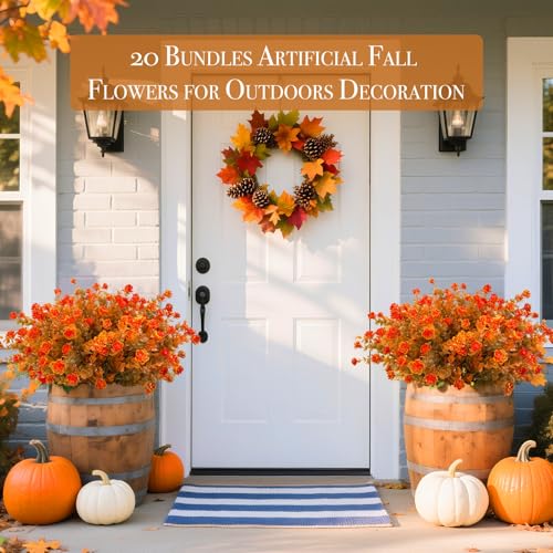 20 Bundles Artificial Fall Flowers for Outdoors Fall Thanksgiving Decorations-UV Resistant Fake Mums Faux Plant Plastic Flowers Gardens Porch Fireplace Home Autumn Decor(Brown Eucalyptus Flower) - color: Brown Eucalyptus Flower, size: 20 Bundles