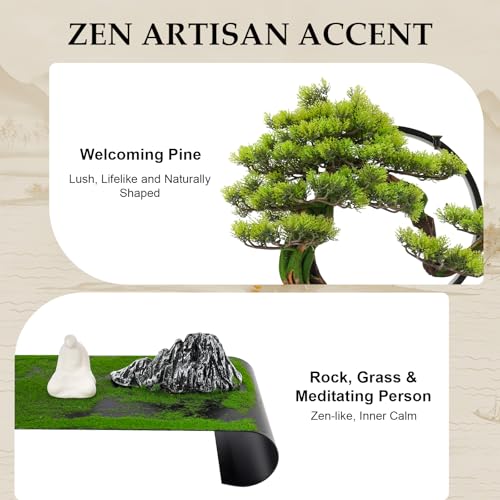 Artificial Bonsai Pine Tree Faux Realistic Simulation Bonsai with Adjustable LED Light, 20.9 * 4.7 * 16.5in USB Artificial Plants Fake Bonsai Tree Welcome Pine Faux for Home Decor