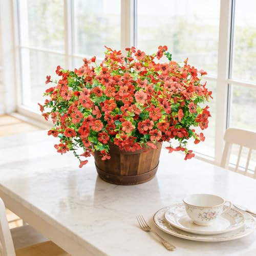 12 Bundles Artificial Flowers for Outdoor UV Resistant and Realistic, Faux Daisy Fake Flowers with Eucalyptus Leaves for Porch, Patio, Planter, Window Box, Home, Garden Decor - color: Red