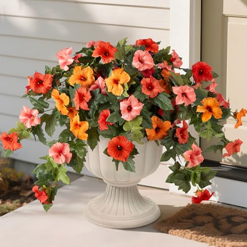 Artificial Fake Flowers for Outdoor Spring Decoration, 2PCS Faux Silk Petunias No Fade UV Resistant Flowers for Outside Garden Porch Yard Balcony Patio Realistic Indoor Decor(Orange) - color: E-orange Yellow