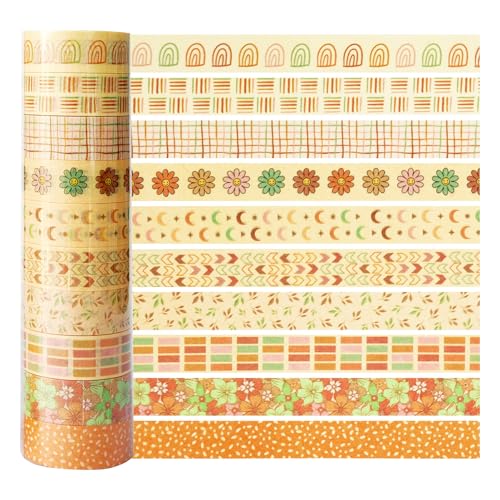 Boho Washi Tape Set 10 Rolls Cute Masking Graphic Floral Pattern Decorative Tapes for Arts, DIY Crafts, Journals, Planners, Scrapbook, Wrapping (Colors) - color: Colors
